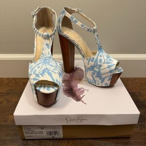 Jessica Simpson Dany Platform Sandals | Blue & White Tie-Dye Satin | 9M | NWT